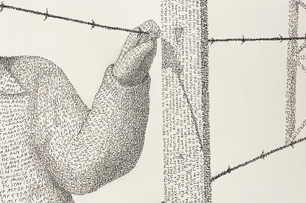 detail of pen on ink drawing depicting a hand holding onto a barbed wire fence with all linework created by text