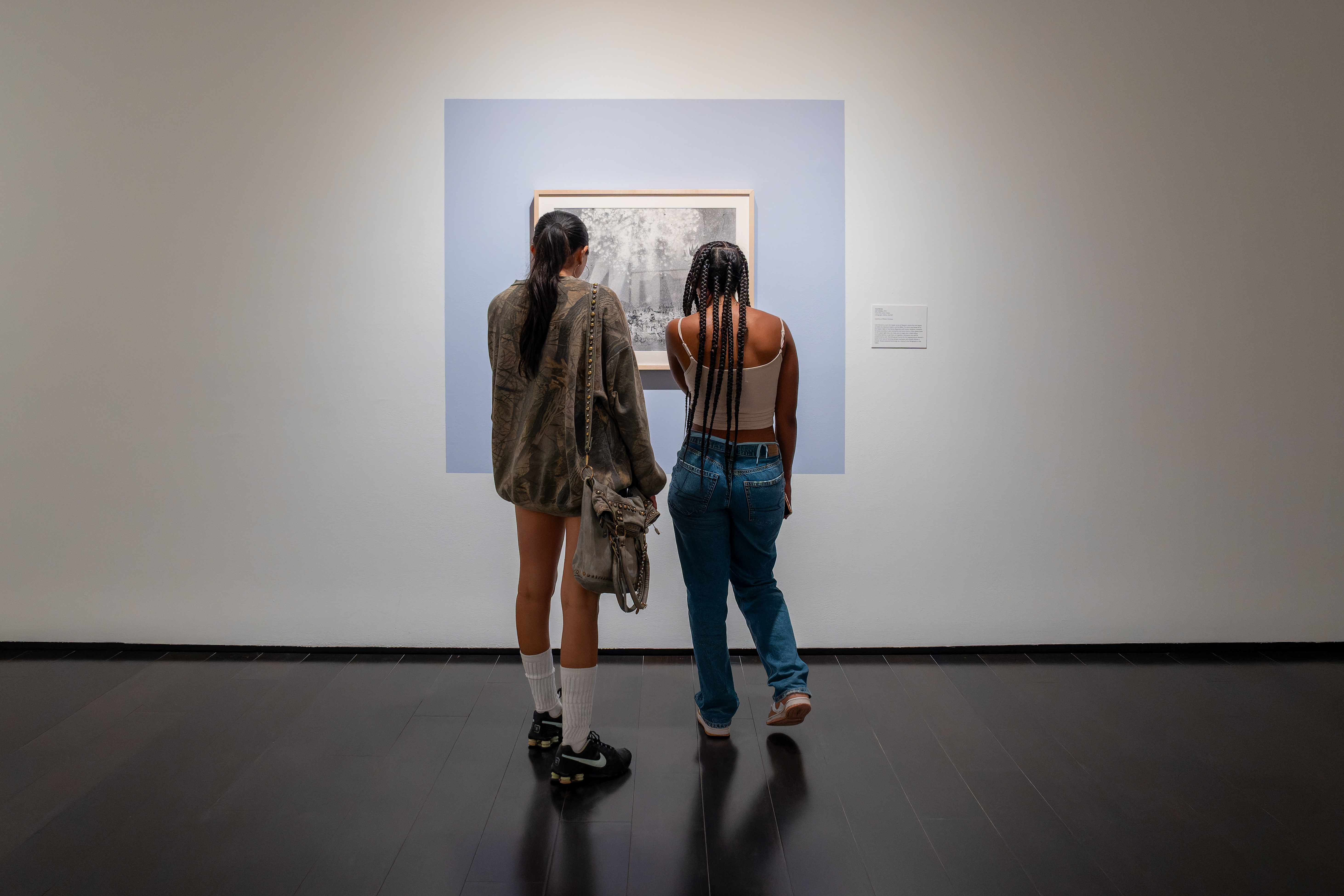 Two people standing with their back to the camera looking at a framed artwork on the wall