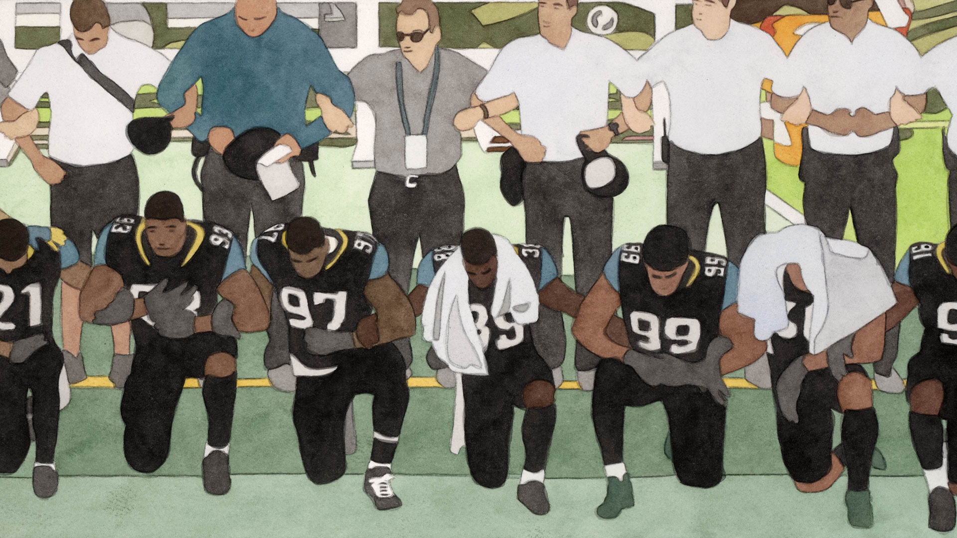 Film still of animated video showing football players taking a knee with other figures standing behind them