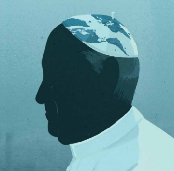 Silhouette of Pope Francis against a blue background.