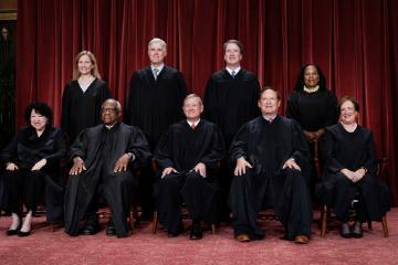 Members of the U.S. Supreme Court. Bottom row, from left, Sonia Sotomayor, Clarence Thomas, Chief Justice John Roberts,  Samuel Alito, and  Elena Kagan. Top row, from left, Amy Coney Barrett, Neil Gorsuch, Brett Kavanaugh,  Ketanji Brown Jackson. (AP Photo/J. Scott Applewhite, File)