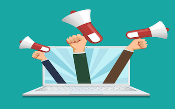 Illustration of three hands with megaphones emerging from a laptop. 