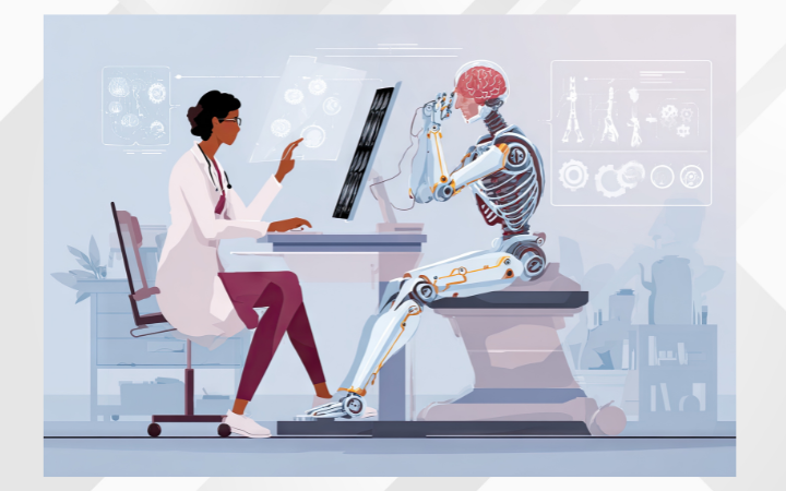 A human doctor working with a medical AI robot analyzing scans. By Tangbovornpichet's Images via Canva.