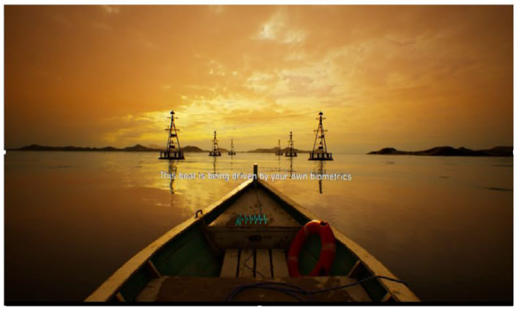 Figure 1. In the training session, participants' HR trace was fed back to them (cyan trace in the prow of the boat), and they also received both written and verbal instructions on the breath regimen. Further ambient sounds of the water were presented to encourage relaxation.