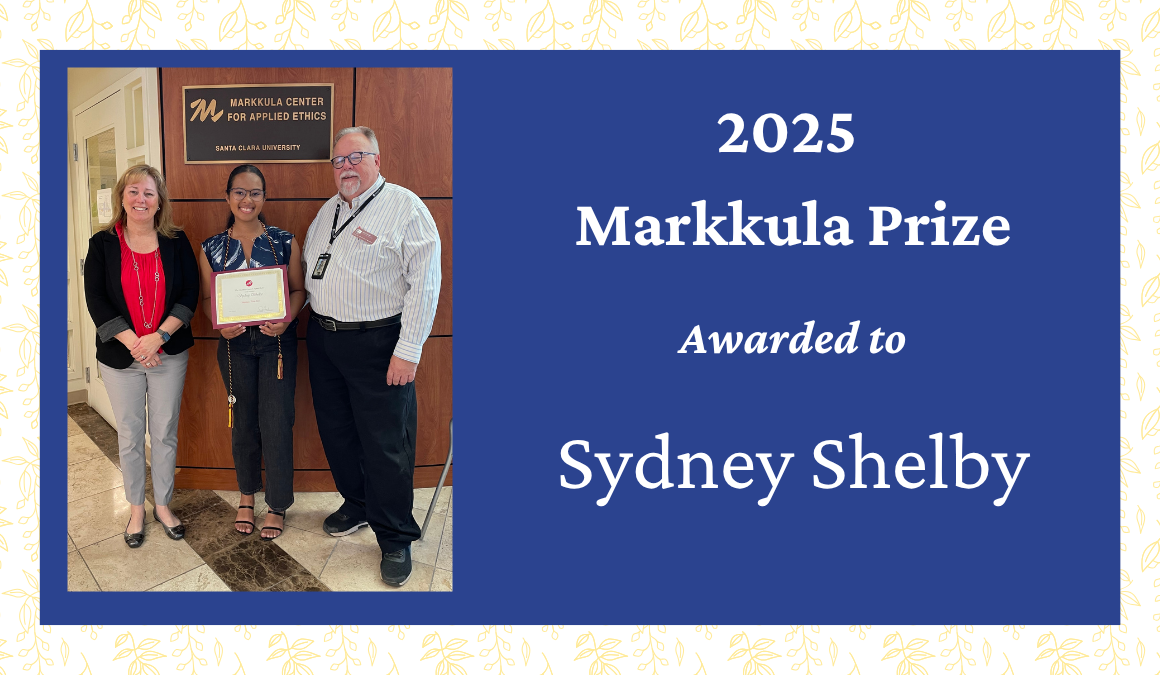 Kristi Markkula Bowers and Don Heider present Sydney Shelby with the 2025 Markkula Prize.