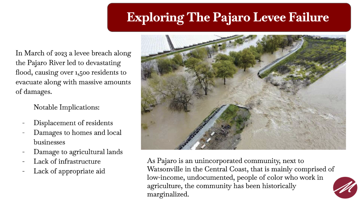 An introductory slide of the Pajaro Levee Failure, provides background information on the community of Pajaro.