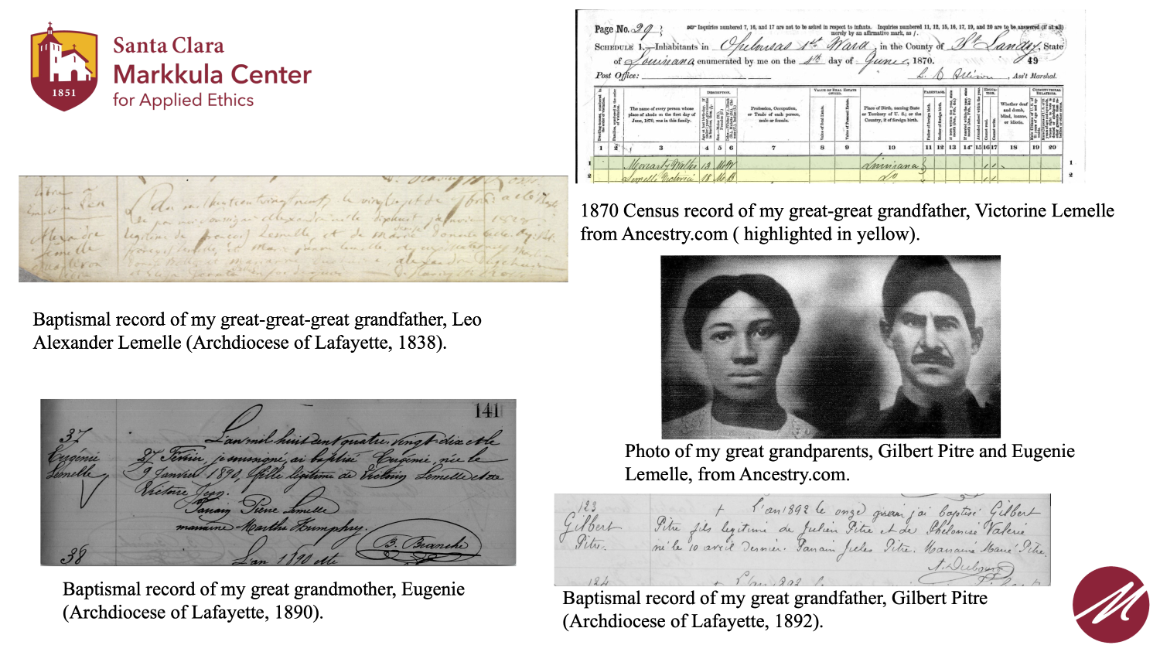 A slide that shows images of family history and records.