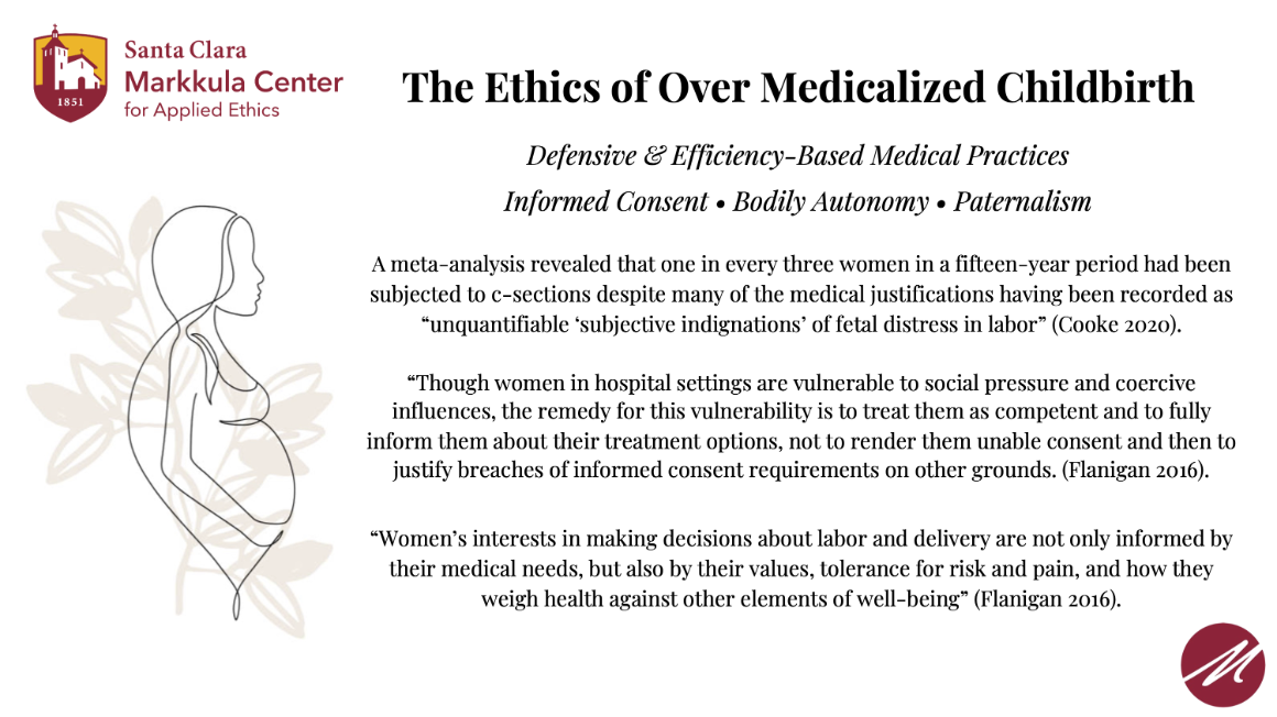 A slide outlining quotes and information on women's lack of agency in medical situations regarding childbirth.