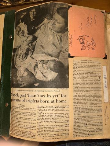 A newspaper clipping featuring an article about Claudia and Steve Lowry and their triplet daughters.