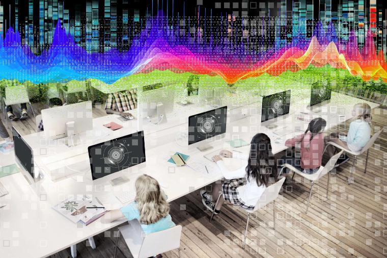 Students at computers with screens that include a representation of a retinal scanner with pixelation and binary data overlays and a brightly coloured datawave heatmap at the top.