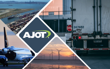 Collage with images of seaport, semi truck, airliner, and wind turbine surrounding the American Journal of Transportation (AJOT) logo. image link to story