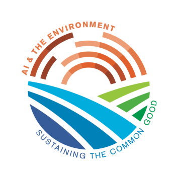 AI and the Environment Conference Logo. An abstract with multicolored blue, green, and red lines representing water, land and the sun.