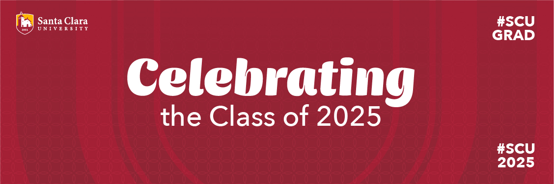 Celebrating the class of 2025 on a red shield pattern background.