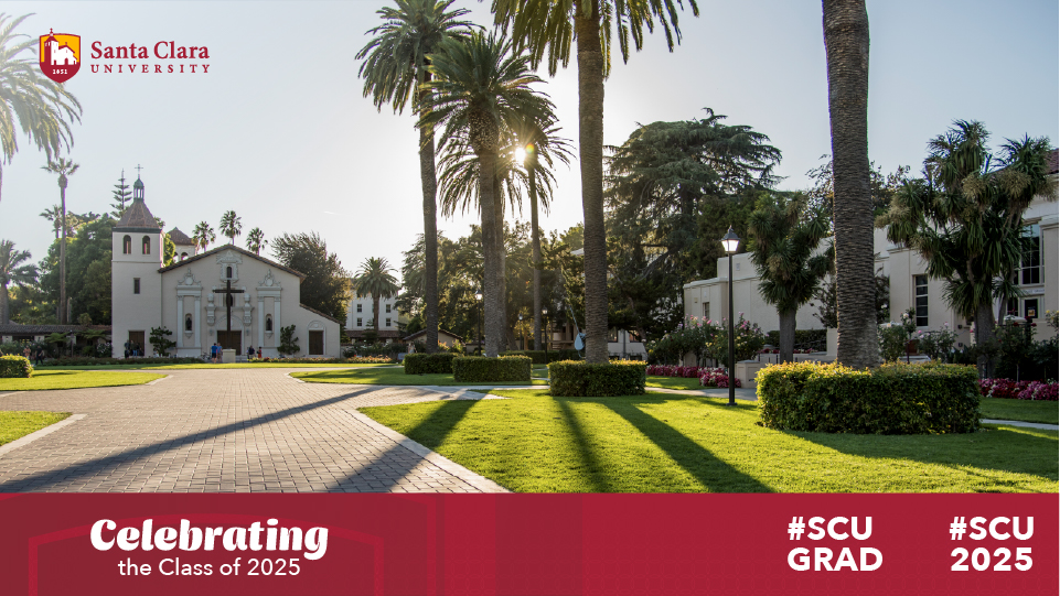 Mission Church against a sunset background a red banner that says Celebrating the Class of 2025.