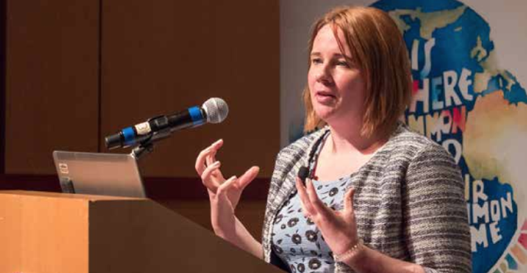 Dr. Cornwall addresses an audience of students, faculty, staff, community members, and pastoral leaders at the Fall 2017 Santa Clara Lecture.