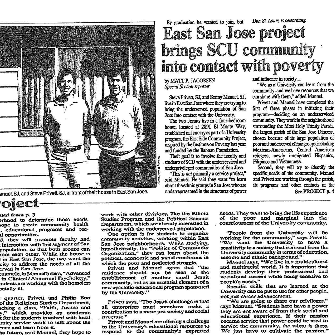 Black and white newspaper article with an image of two people. Title: East San Jose Project.