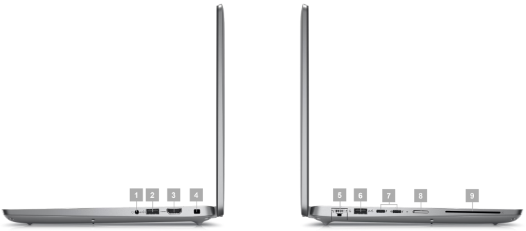 A view of both sides of the Dell Latitude 5450 showing the ports labeled with numbers.