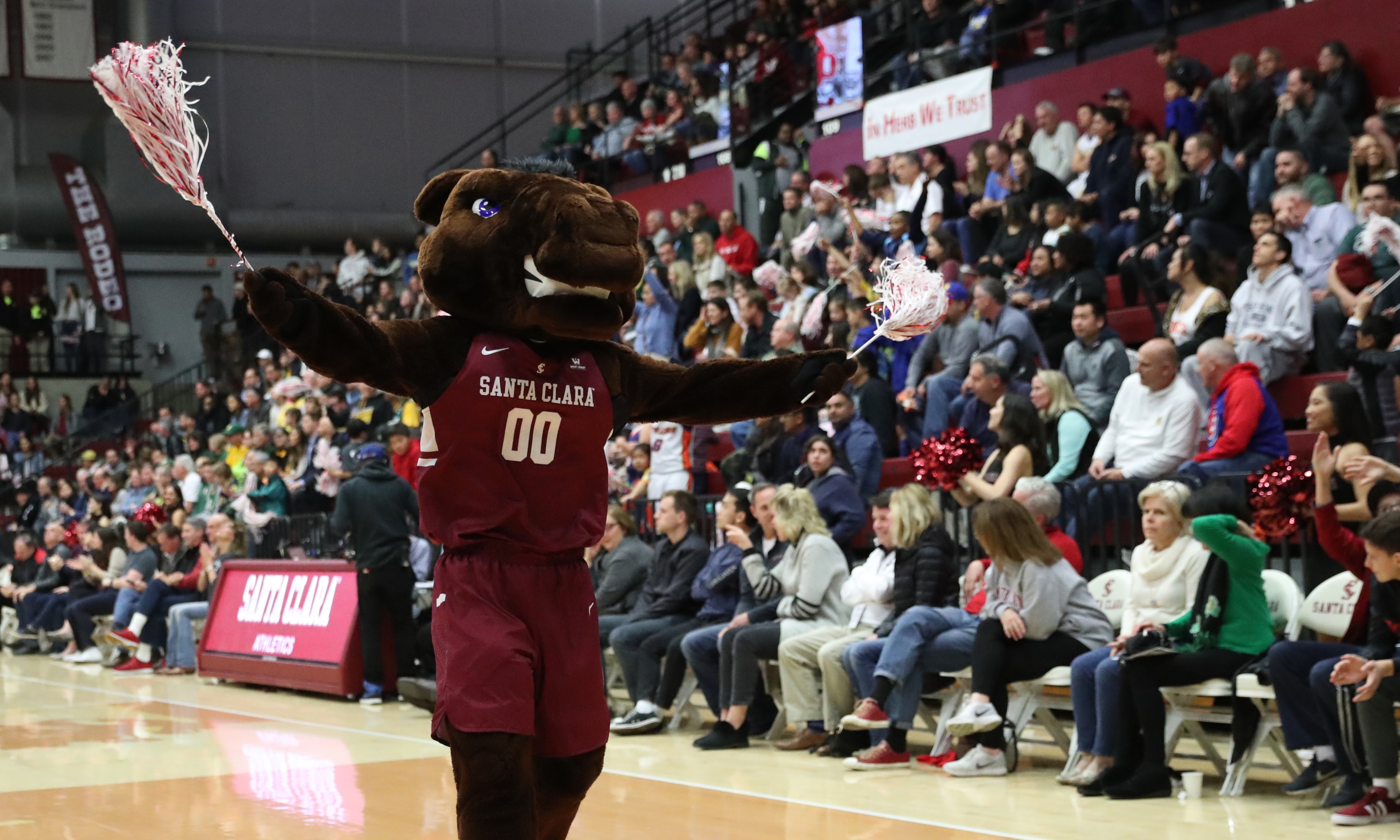 A mascot entertains a cheering crowd at a sports event. image link to story