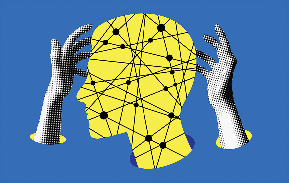 Illustration of human head with human hands surrounding it.