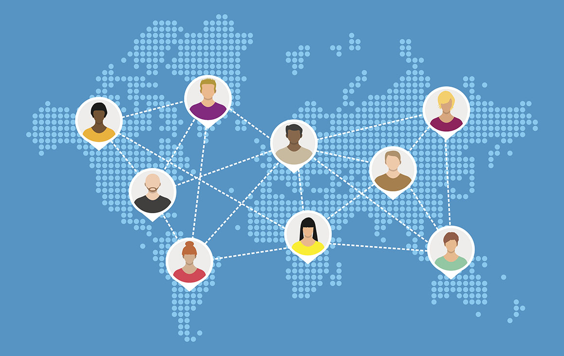 Illustration of world map and people.