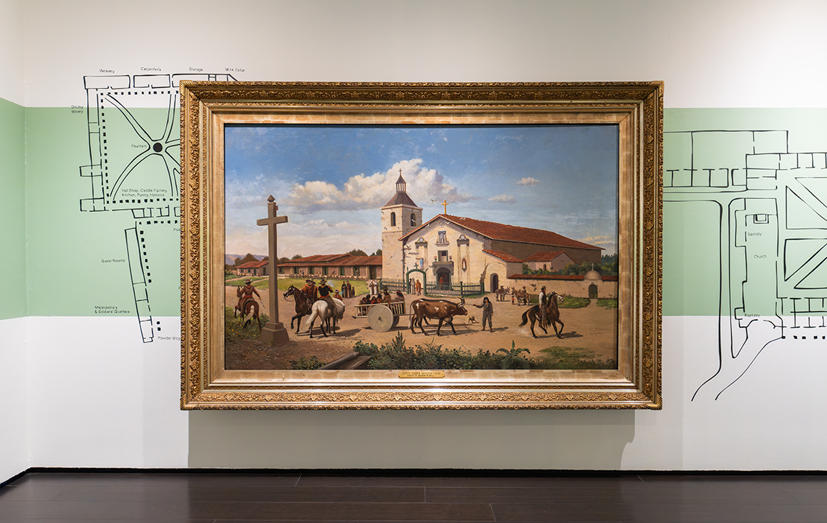 An idyllic oil painting of Mission Santa Clara with Spaniards on horseback and several indigenous people sitting in an ox-driven cart.
