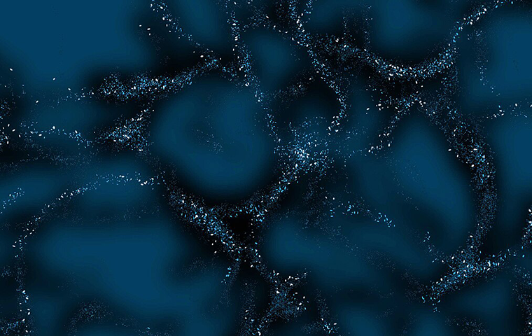 An illustration of space filled with stars, but also covered by areas of cloudiness and darkness.