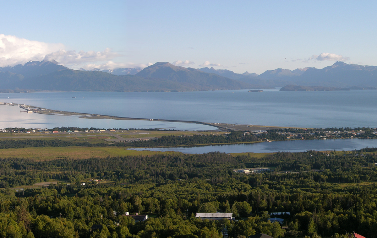 Homer Alaska Panorama with forests in the foreground and water and mountains toward the horizon