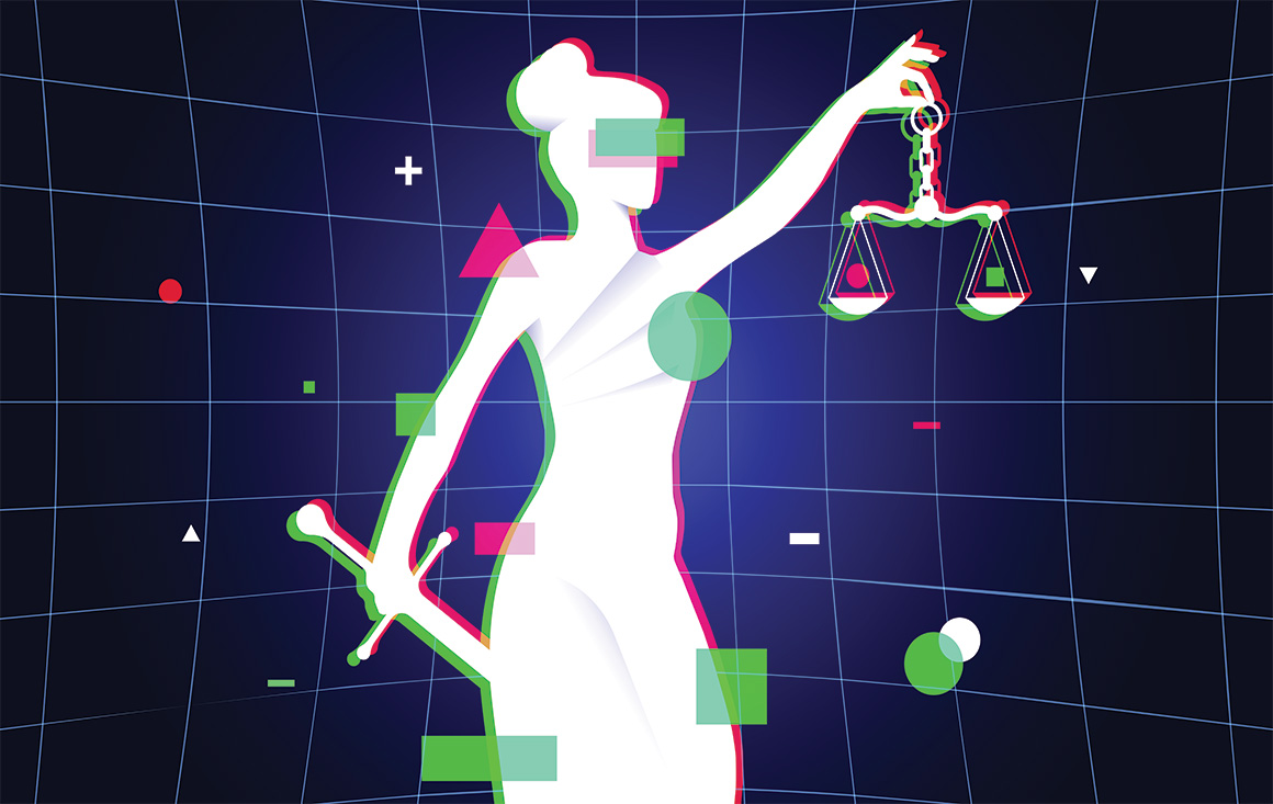 An illustration of a lady holding a legal scale with floating icons surrounding her, meant to represent the intersection of AI and law.