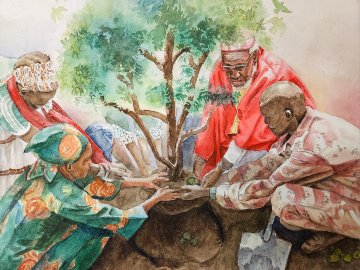 A watercolor painting of four colorfully dressed people planting a tree 