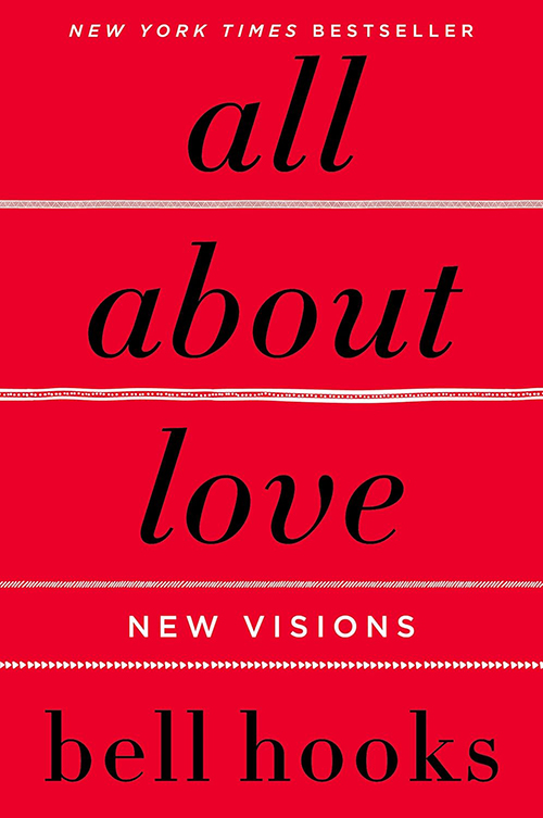 Book cover of All About Love book by bell hooks with red background and black letters. White lines run horizontally across the page.