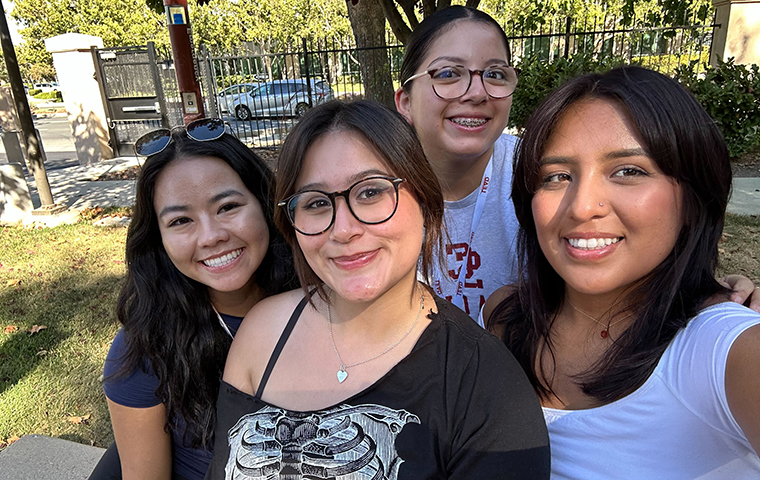 Angela Solorzano (center) with fellow LEAD student staff members Sophia Irinco ’26 (left), Alexa Mayoraga ’26 (right), and Julia Islas-Lozano ’26 (back).