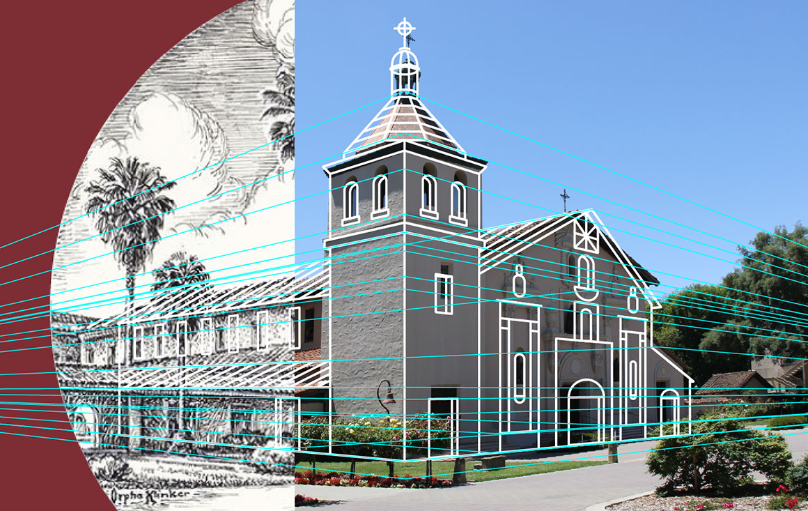 Mission Church featuring a historic sketch on the left and a modern photo on the right, overlaid with blue perspective lines and white architectural outlines.