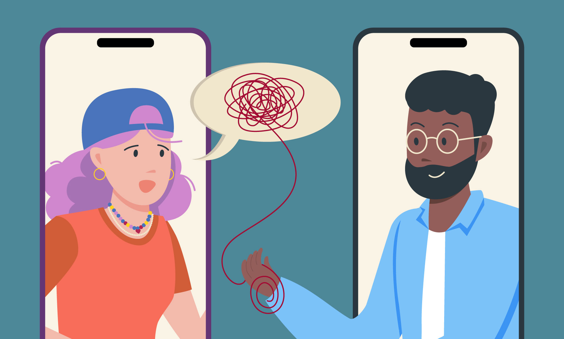 Illustration of a young person expressing distress during a telehealth video call, with a therapist offering support by untangling a scribble symbolizing emotional confusion.