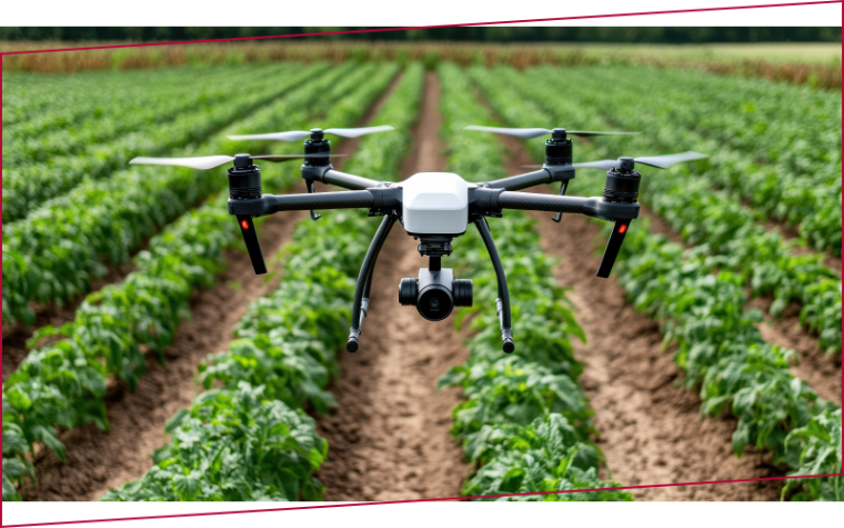 Drone flying over rows of agriculture