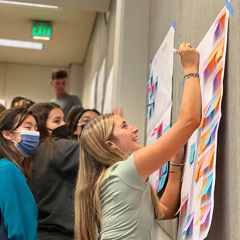 Young woman writing idea on large poster - Idea lab 