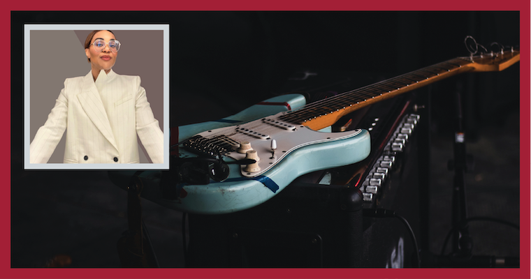 Leavey Executive Center's Black Corporate Readiness Board program alumna Amani Duncan headshot over a guitar