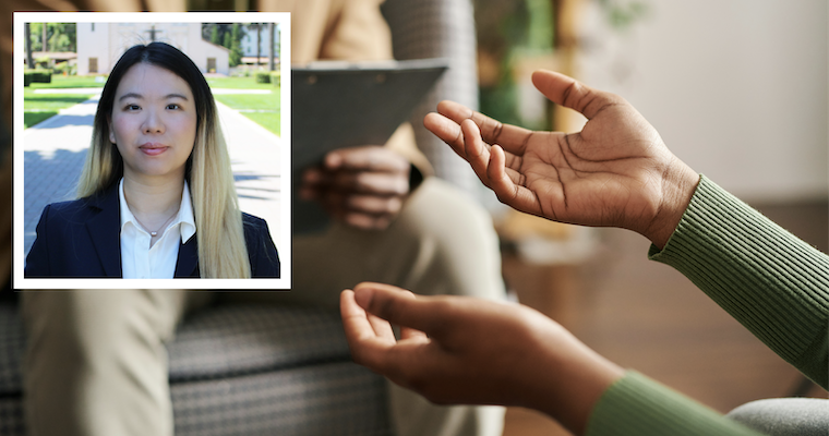 Professor Amber Liu's headshot over a photo of a therapist listening to a patient.