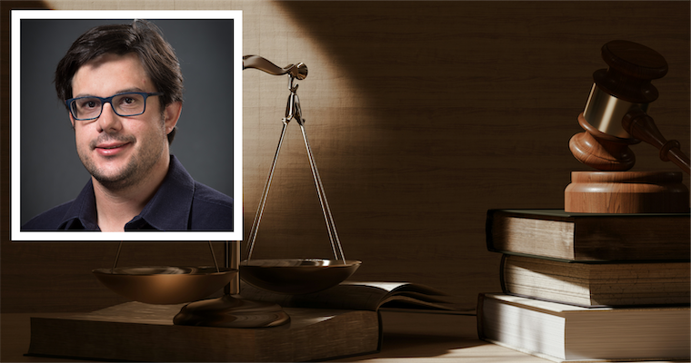 Leavey professor Christian Helmers headshot over judicial books, scales, gavel