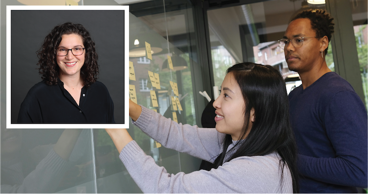 Team of coworkers collaborate on priorities. In set image of Esther Sackett.