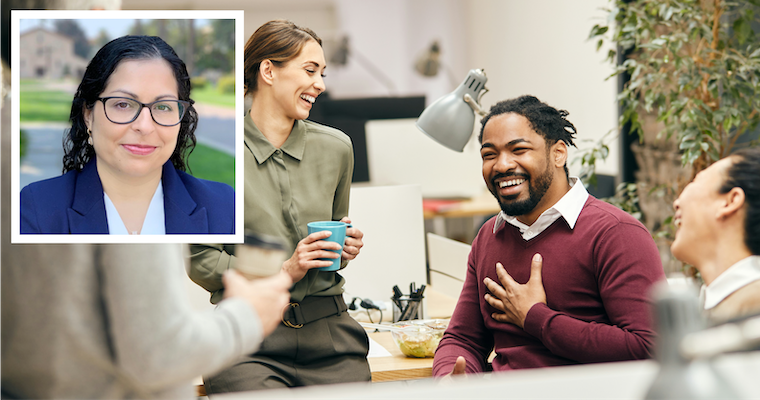 Leavey Professor Hooria Jazaieri headshot on top of coworkers expressing gratitute