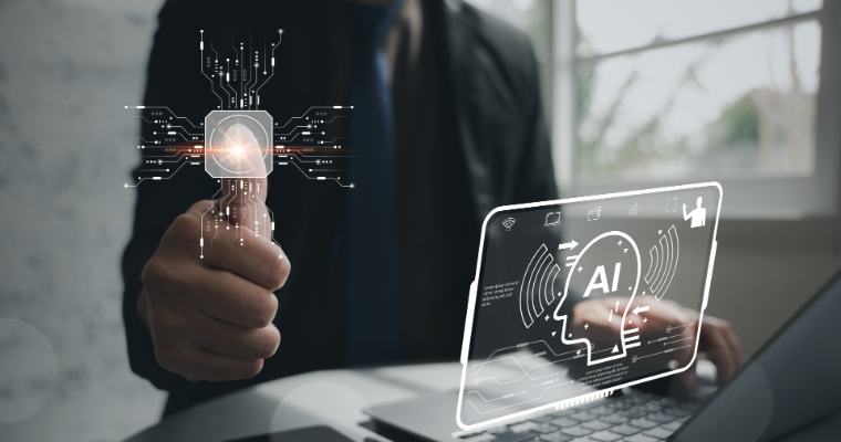 Person in a suite interacting with digital interfaces related to artificial intelligence (AI) and future technology image link to article