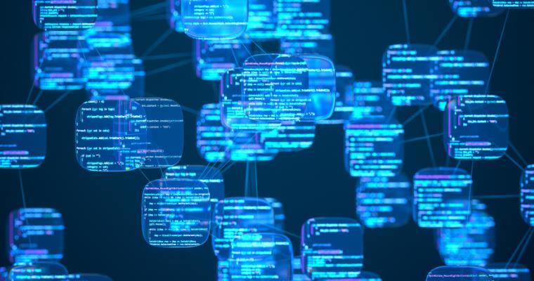 A network of intelligent nodes representing autonomous AI agents processing and writing programming code. Illustrates concepts like AI-assisted development, machine learning models, and generative AI tools. image link to article