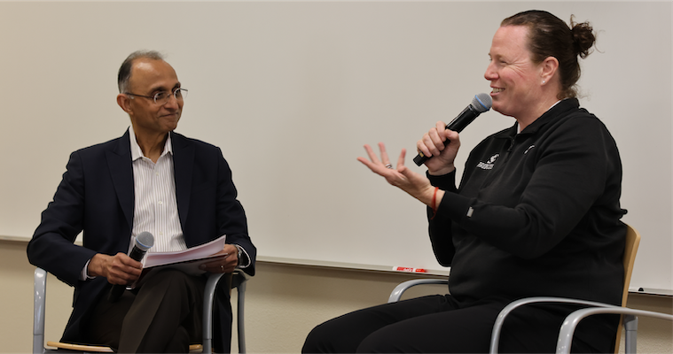 Interim dean Naren Agrawal and Athletic Director Heather Owen in conversation during recent Leavey Spotlight