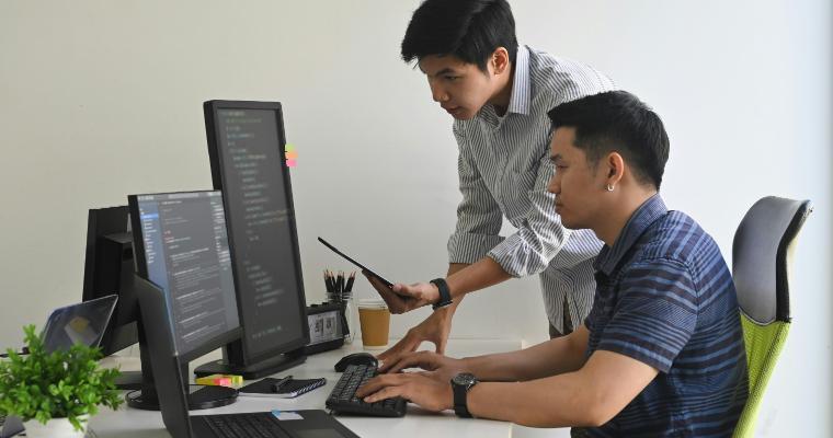 Young programmers working together on a project for their MS courses