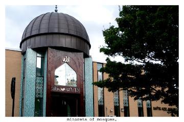 Dome and entryway of a mosque with trees nearby.