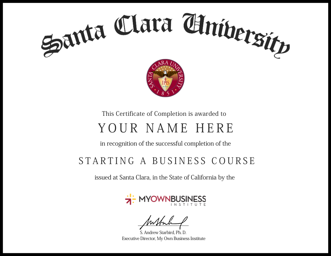 Example MOBI Starting a Business Certificate of Completion from SCU