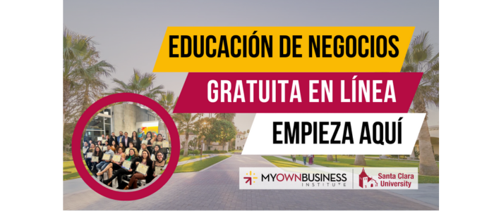 Foto de SCU con las palabras: Educacion de Negocios Gratuita en Linea Empieza Aqui