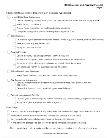 Screenshot of MOBI Licenses and Permits Checklist Page 2