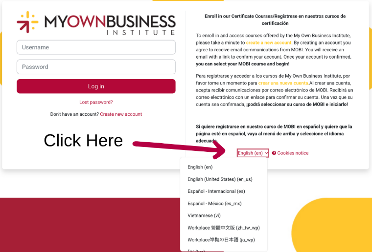 Screenshot of Create an Account window showing language selection