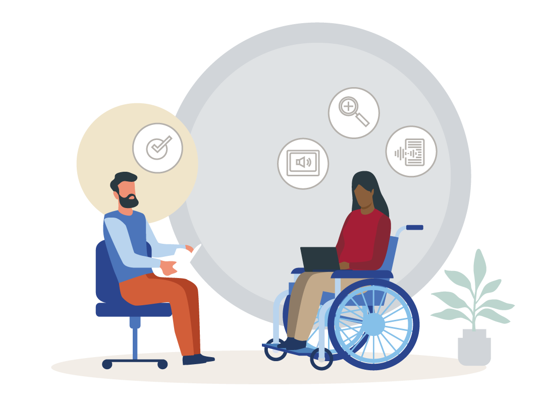 An illustration of a faculty member tending to the needs of a community member with accommodation needs.